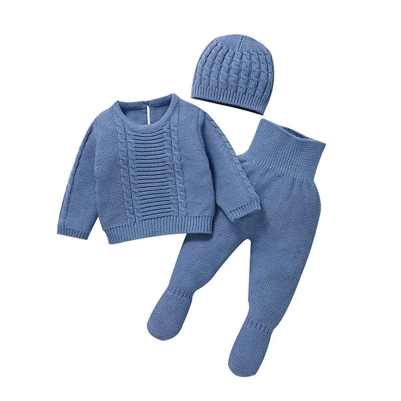 Newborn Baby Clothing Set Knit Infant Boy Sweater + Pants + Hat Long Sleeve Warm Autumn Toddler Pullover Trousers Bonnet 0-9M 3PCS