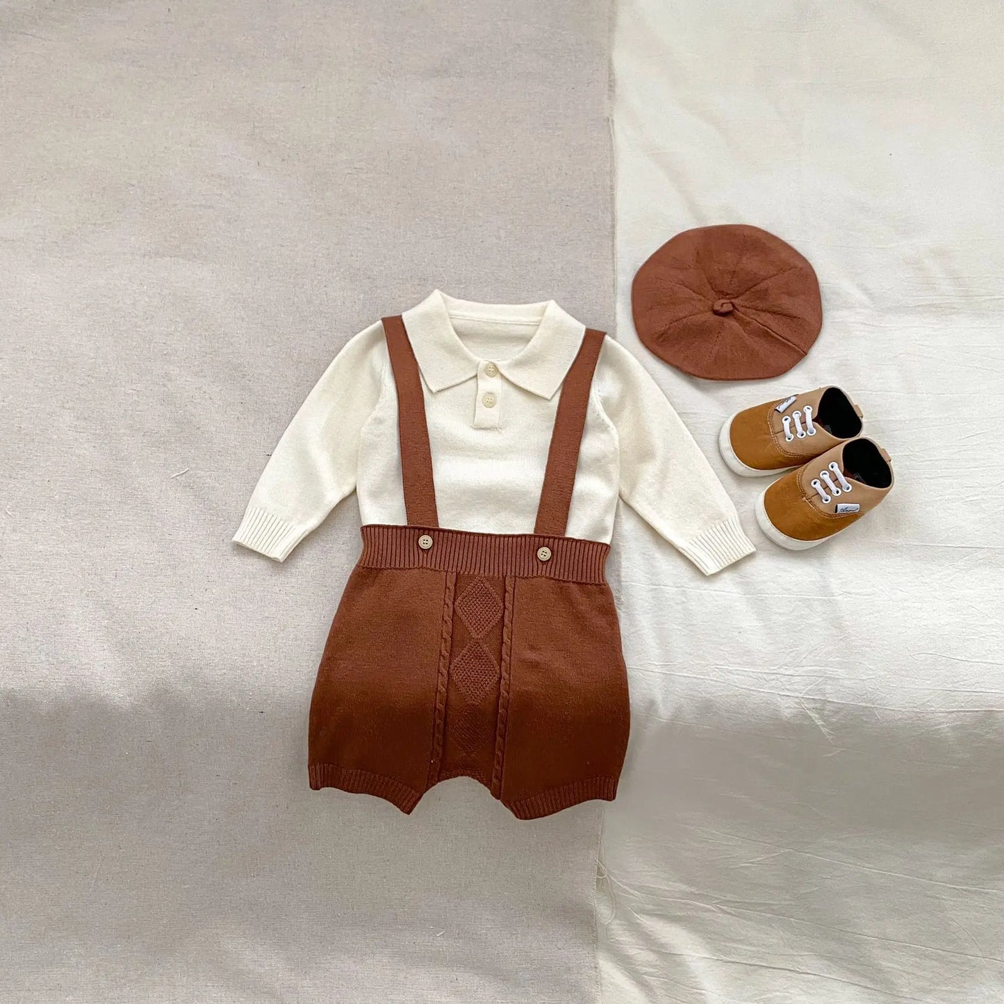2024 Autumn New Baby Boy Knitted Overalls Set Infant Solid Lapel Long Sleeve Sweater + Strap Pants + Hat 3pcs Suit Boys Outfits