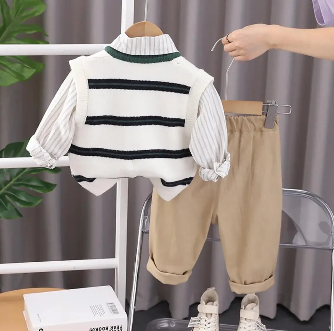 Korean Style Boys Set 6 to 12 Months – Kids Infant Clothing Pocket Striped Knitted Sweater Vest + Shirts + Pants 3PCS Toddler Outfits