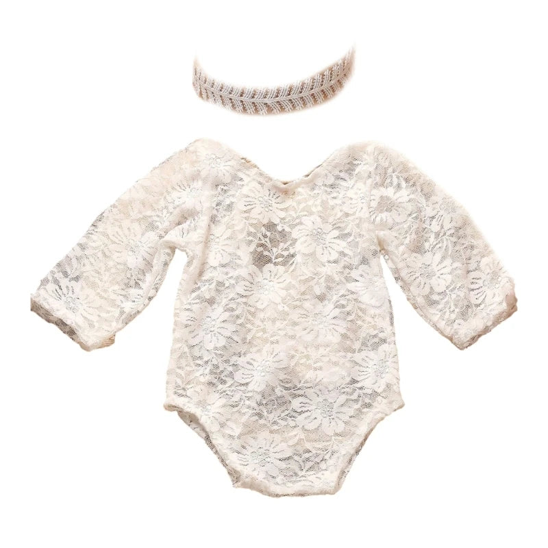 Newborn Photography Props Baby Lace Romper with Headband Set Backless Mesh Bodysuit for Baby Photoshoot Infant Outfit