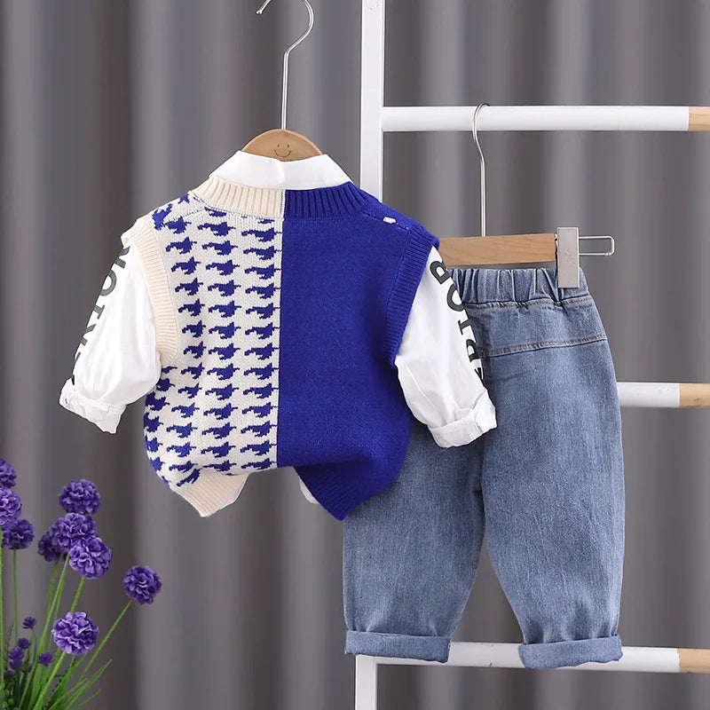 Baby Boy Clothes Set Knitted Sweater Vest White Shirts Jeans 3PCS Boys Infant Clothing Kids Bebes Jogging Suits Tracksuit