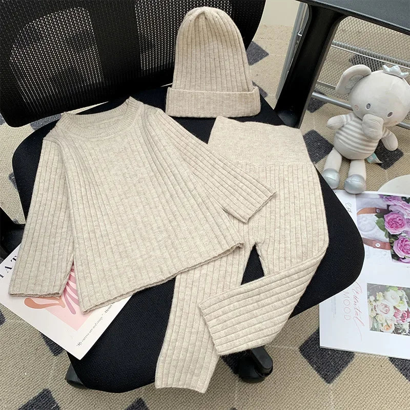 Newborn Baby Girl Boy Knitted Clothes Set – Sweater + Pants + Hat 3Pcs Infant Toddler Loungewear Suit Autumn Winter Baby Clothes 0-2Y