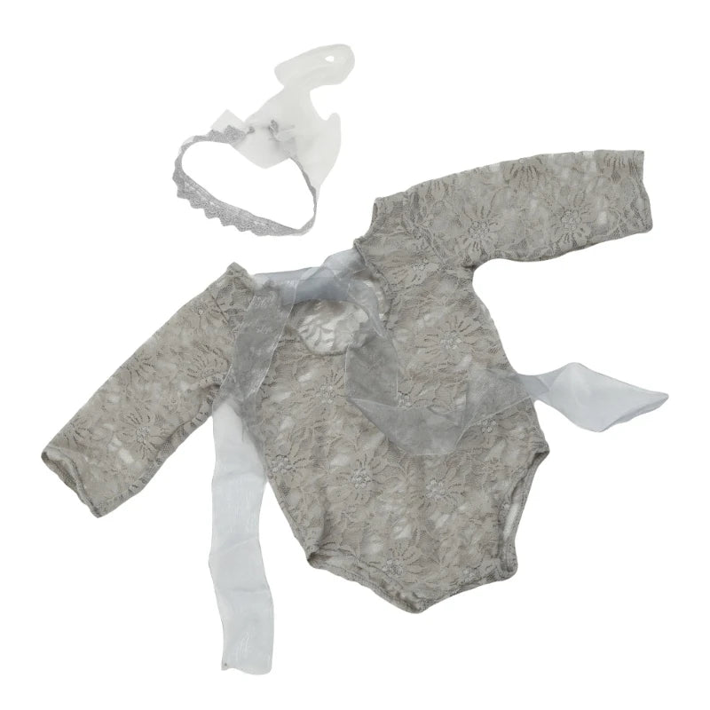 Newborn Photography Props Baby Lace Romper with Headband Set Backless Mesh Bodysuit for Baby Photoshoot Infant Outfit