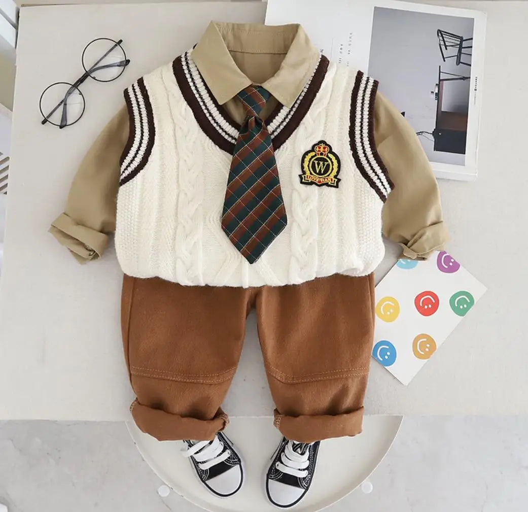 3PCS Boys Sweater Sets Spring Autumn Kids V-neck Preppy Knitted Vest + T-shirts + Pants Casual Toddler Outfits Infant Baby Clothing