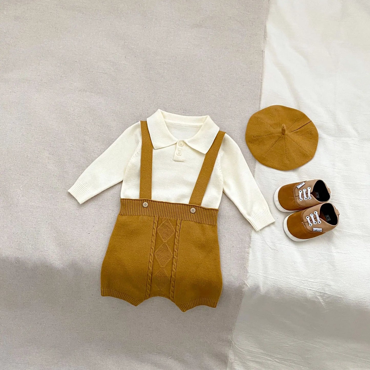 2024 Autumn New Baby Boy Knitted Overalls Set Infant Solid Lapel Long Sleeve Sweater + Strap Pants + Hat 3pcs Suit Boys Outfits