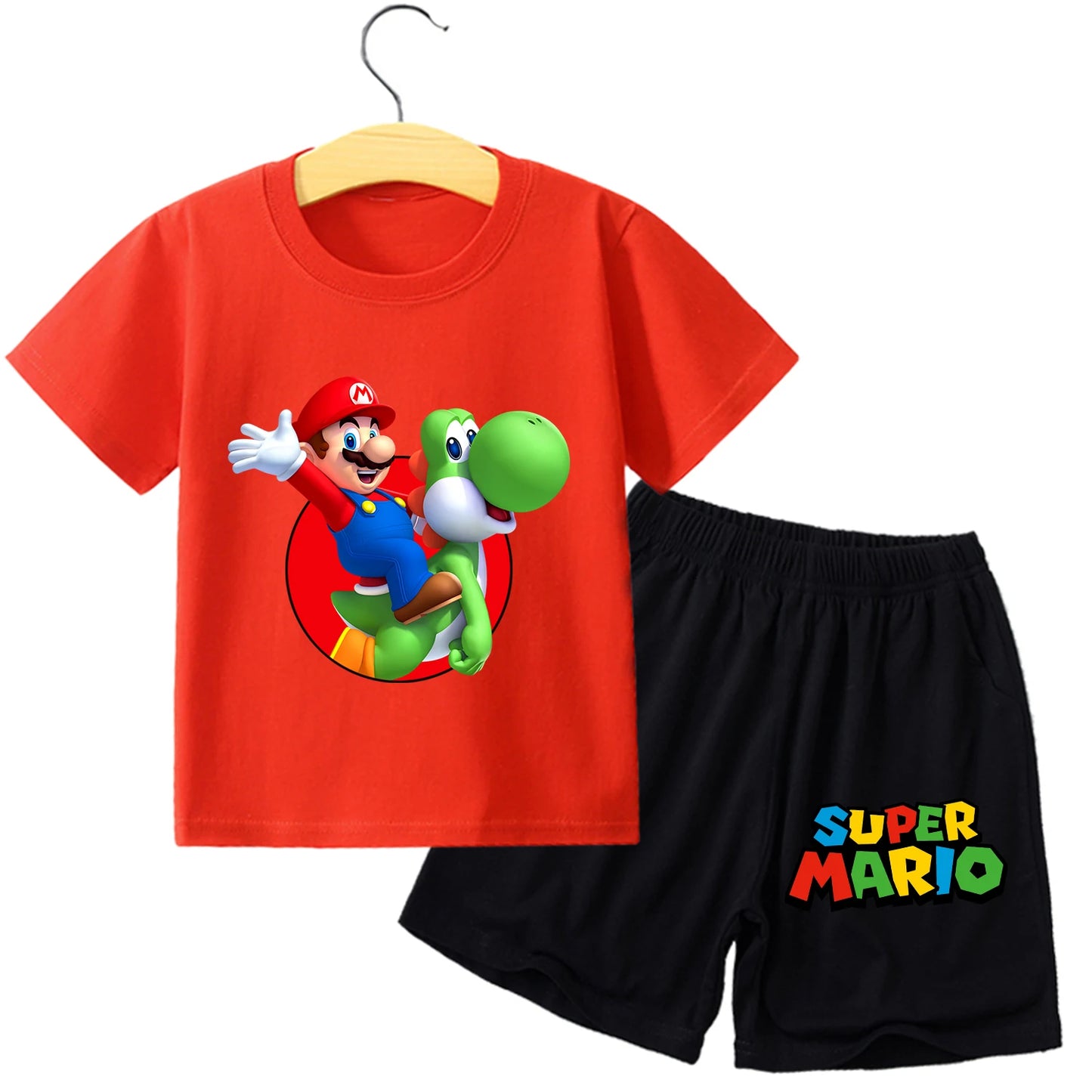 Super Mario Bros New T-shirt Suit Children Summer Cotton Tops + Shorts Pants Set Cute Cartoon Pajamas Home Wear Clothes Kids Gift