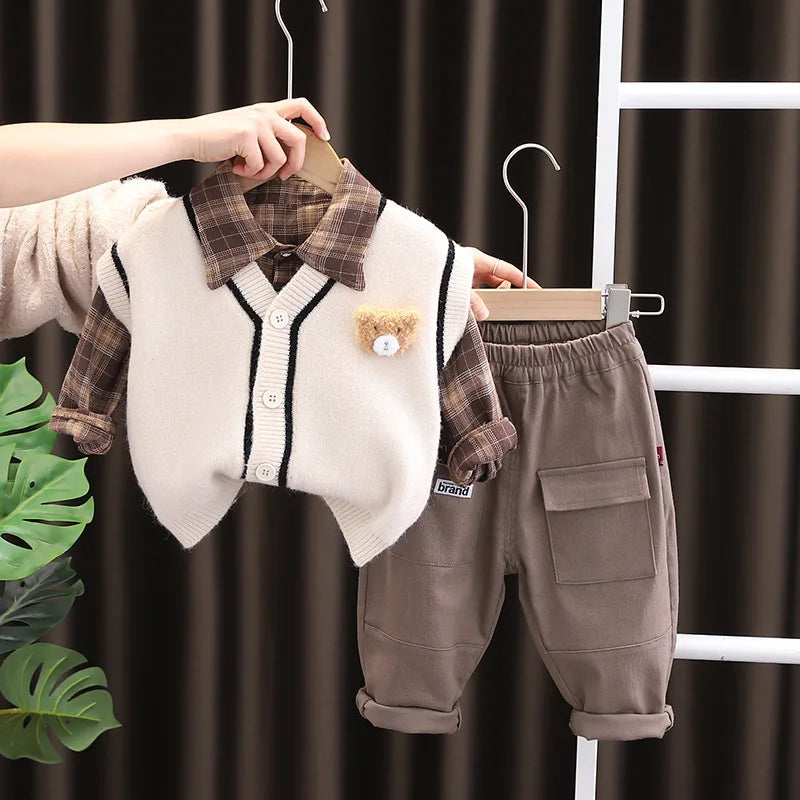 Spring New Boys Girls Toddlers Knitted Sweater Vest Cardigan 3pcs Set Children Long Sleeve Shirts Pants Baby Kids Cartoon Outfit