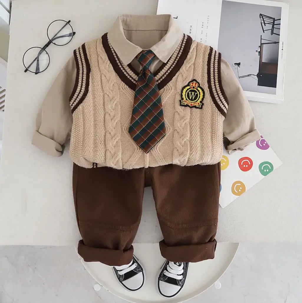 3PCS Boys Sweater Sets Spring Autumn Kids V-neck Preppy Knitted Vest + T-shirts + Pants Casual Toddler Outfits Infant Baby Clothing