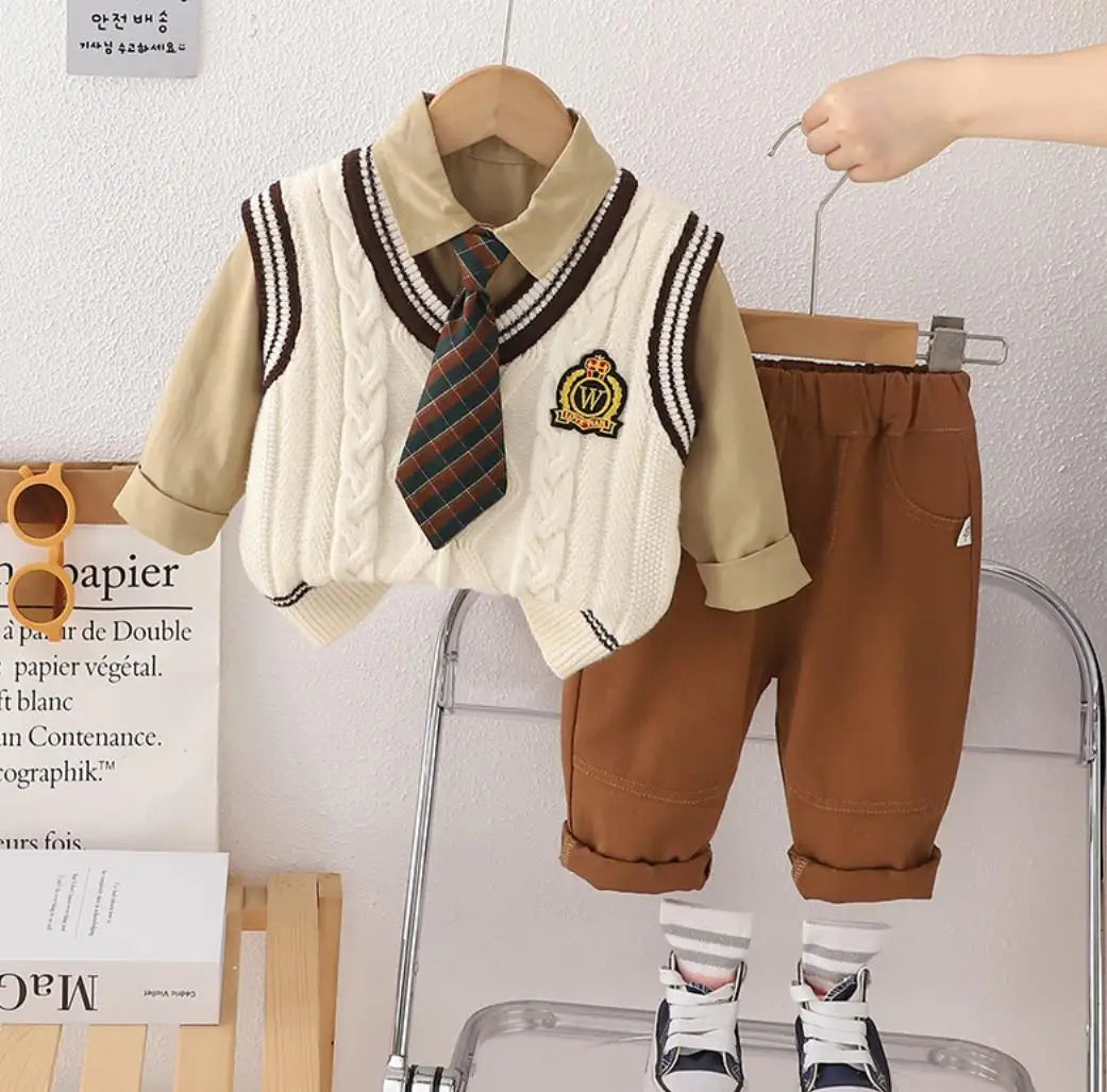 3PCS Boys Sweater Sets Spring Autumn Kids V-neck Preppy Knitted Vest + T-shirts + Pants Casual Toddler Outfits Infant Baby Clothing