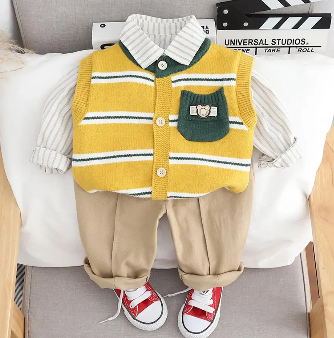 Korean Style Boys Set 6 to 12 Months – Kids Infant Clothing Pocket Striped Knitted Sweater Vest + Shirts + Pants 3PCS Toddler Outfits