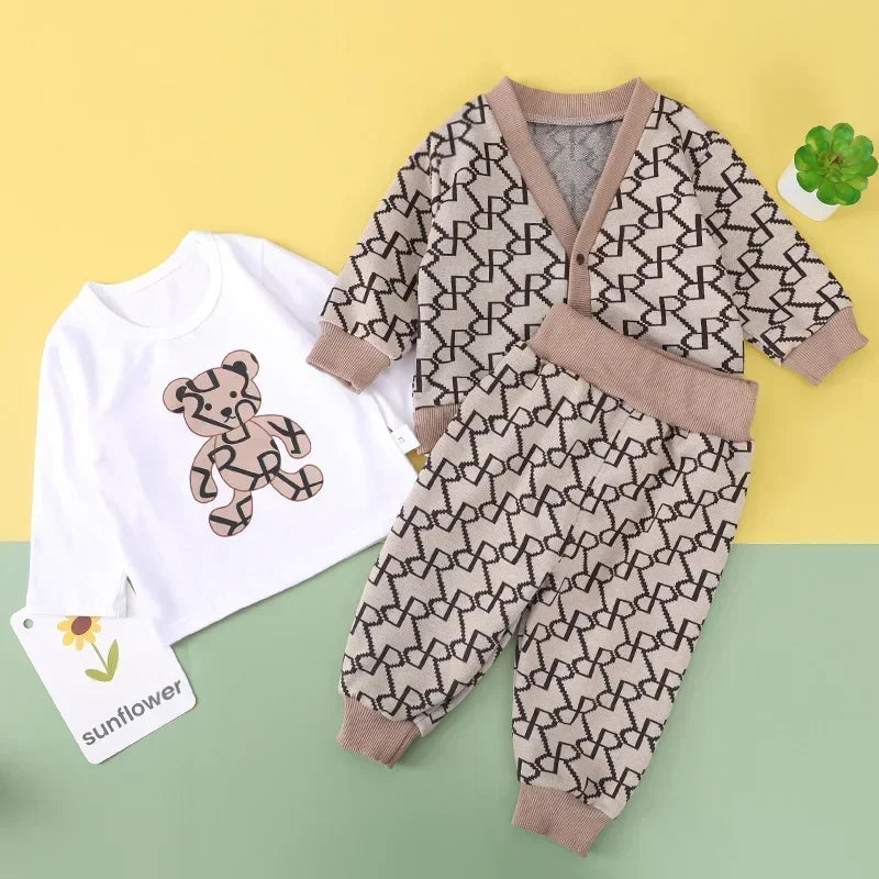 Autumn Winter Baby Boys Clothes Sets – Knitting Sweater Cardigan Cartoon Shirt Top and Pants 3PCS Suit Infant Cotton Loungewear