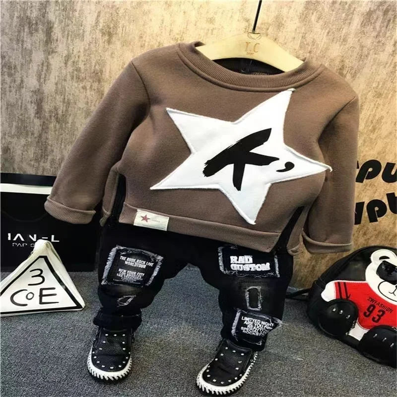 New Children Kids Boys Clothing Sets Autumn Winter Baby Boys Fur Collar Denim Jacket + Sweater + Jeans 3Pcs Boys Clothes Set 2-7