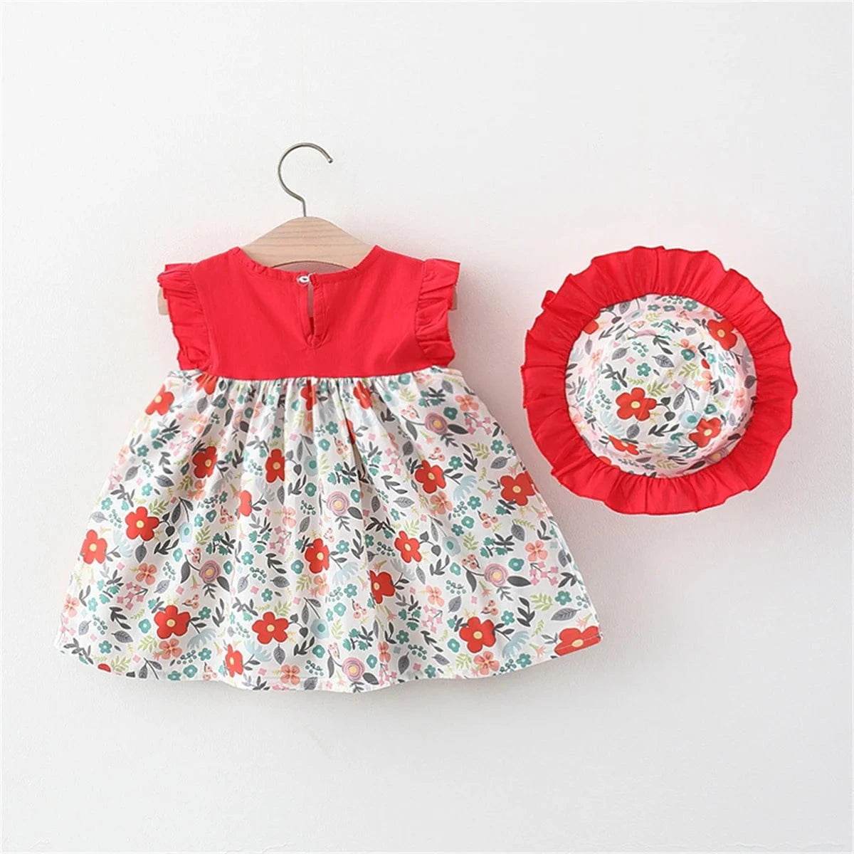 2-Piece Baby Girl Beach Outfit Baby Floral Patchwork Sleeveless Sweet Loose Fitting Dress + Sun Hat Children's Sweet Clothes - Giggles And Grab