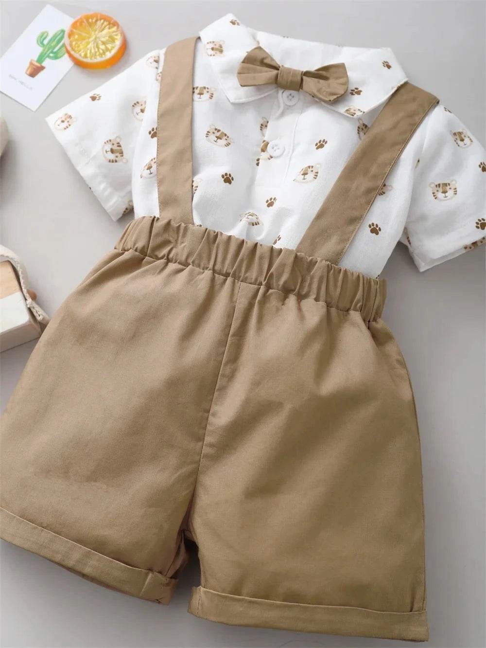 2PCS Infant Boy Clothes Set Tiger Print Short Sleeve with Bow + Strap Shorts Casual Party Birthday Suit for Toddler Boy 0-2 Years - Giggles And Grab