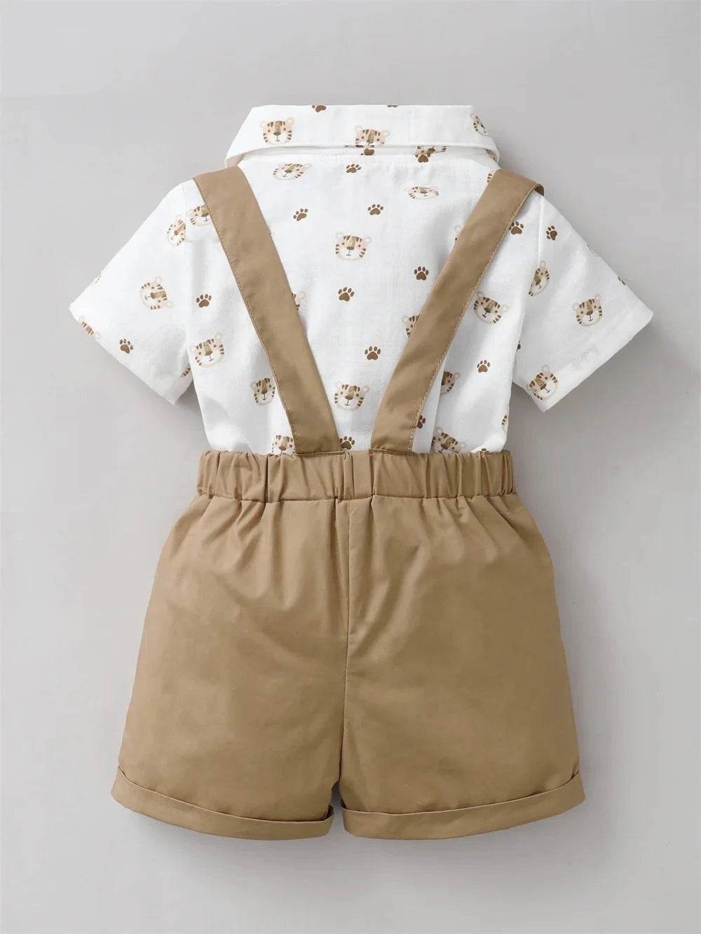 2PCS Infant Boy Clothes Set Tiger Print Short Sleeve with Bow + Strap Shorts Casual Party Birthday Suit for Toddler Boy 0-2 Years - Giggles And Grab