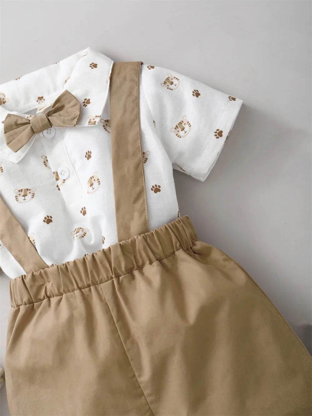 2PCS Infant Boy Clothes Set Tiger Print Short Sleeve with Bow + Strap Shorts Casual Party Birthday Suit for Toddler Boy 0-2 Years - Giggles And Grab