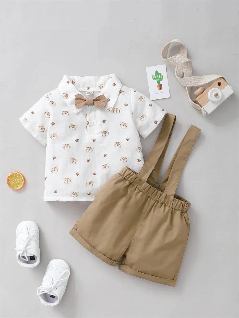 2PCS Infant Boy Clothes Set Tiger Print Short Sleeve with Bow + Strap Shorts Casual Party Birthday Suit for Toddler Boy 0-2 Years - Giggles And Grab