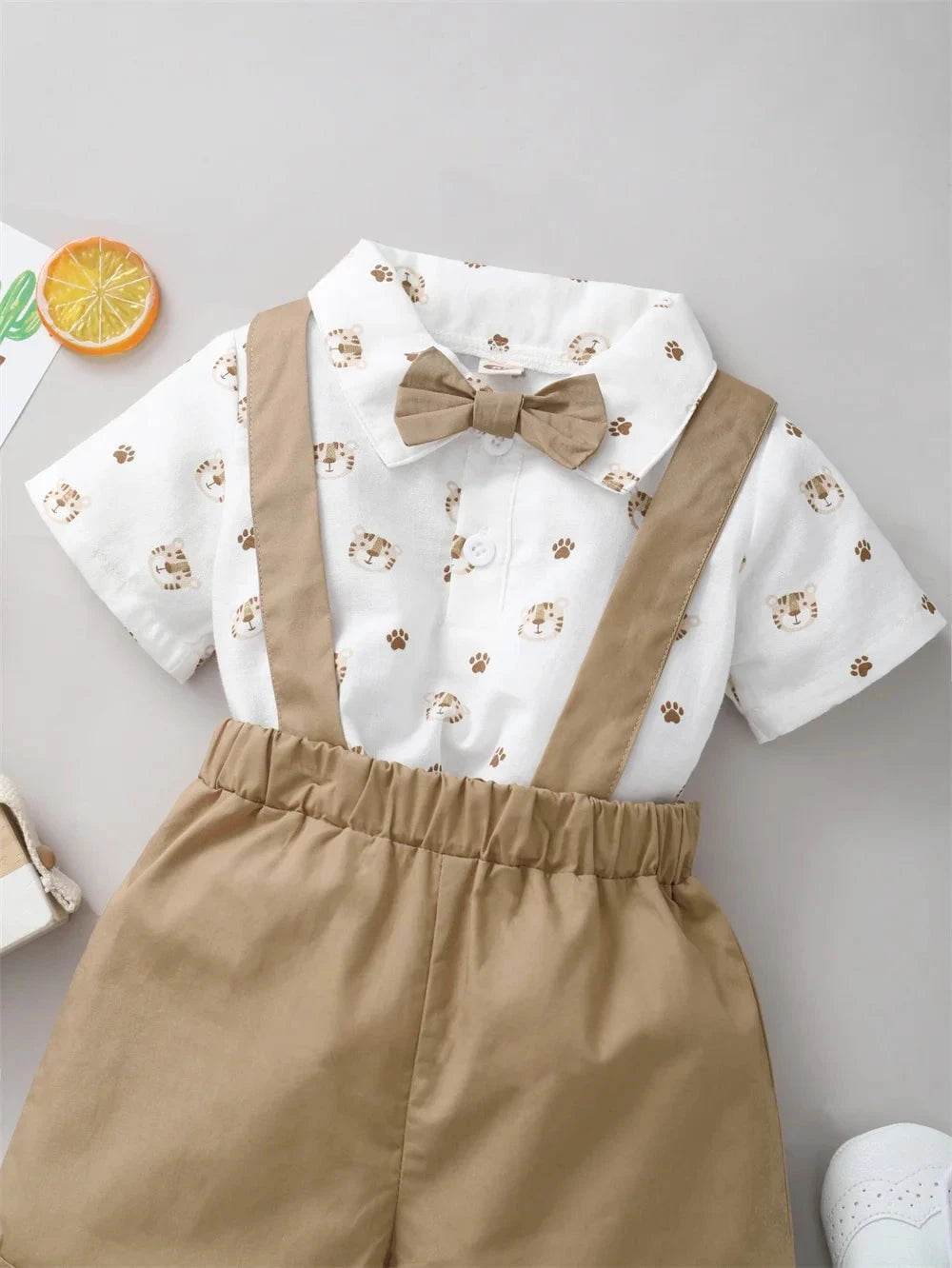2PCS Infant Boy Clothes Set Tiger Print Short Sleeve with Bow + Strap Shorts Casual Party Birthday Suit for Toddler Boy 0-2 Years - Giggles And Grab