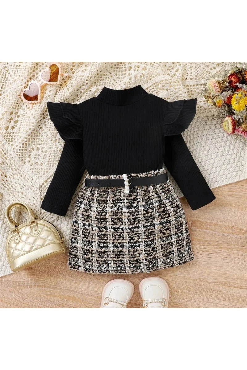 Giggles And Grab 3 PC Outfit for baby girls 3-Piece Baby Girls' Outfit - Long Sleeve Semi-High Collar T-Shirt, Mini Skirt, and Belt Set (Fall Fashion)"