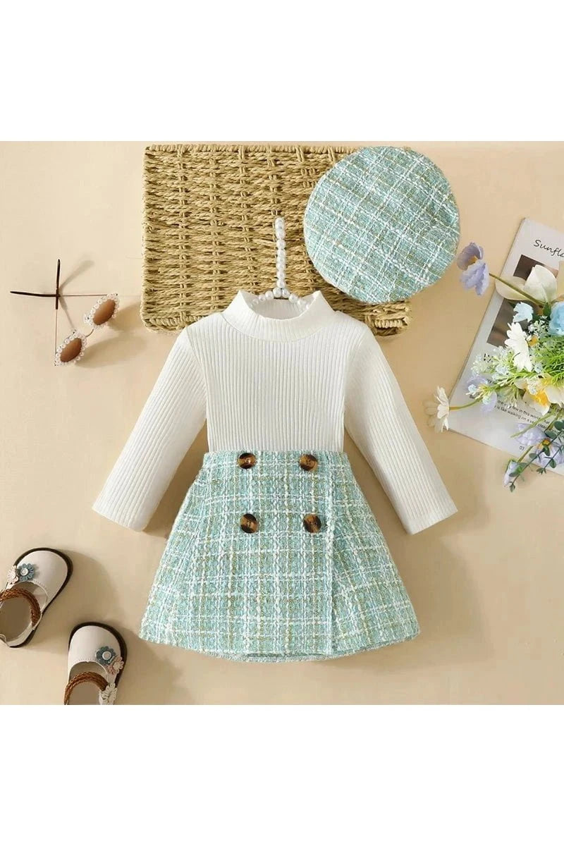 Giggles And Grab 3 PC Outfit for baby girls light green / 18-24Months Shop 3-Piece Baby Girl Outfit | Turtleneck Long Sleeve Top, Plaid Skirt & Hat Set for Stylish Comfort (6M-3Y)"