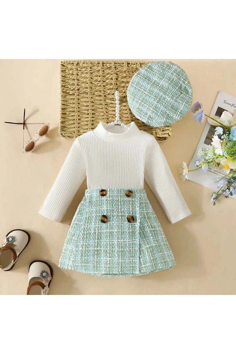 Giggles And Grab 3 PC Outfit for baby girls light green / 9-12Months Shop 3-Piece Baby Girl Outfit | Turtleneck Long Sleeve Top, Plaid Skirt & Hat Set for Stylish Comfort (6M-3Y)"