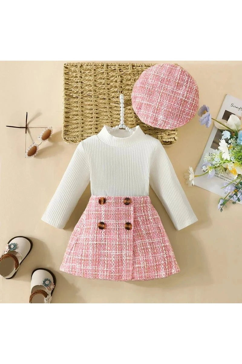 Giggles And Grab 3 PC Outfit for baby girls Pink / 18-24Months Shop 3-Piece Baby Girl Outfit | Turtleneck Long Sleeve Top, Plaid Skirt & Hat Set for Stylish Comfort (6M-3Y)"