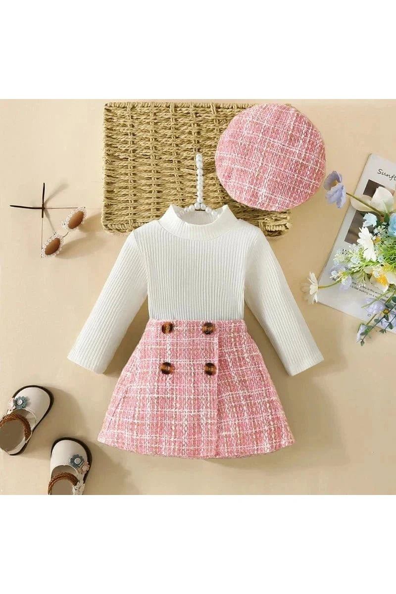 Giggles And Grab 3 PC Outfit for baby girls Pink / 6-9Months Shop 3-Piece Baby Girl Outfit | Turtleneck Long Sleeve Top, Plaid Skirt & Hat Set for Stylish Comfort (6M-3Y)"