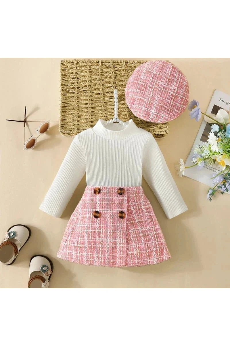 Giggles And Grab 3 PC Outfit for baby girls Pink / 9-12Months Shop 3-Piece Baby Girl Outfit | Turtleneck Long Sleeve Top, Plaid Skirt & Hat Set for Stylish Comfort (6M-3Y)"