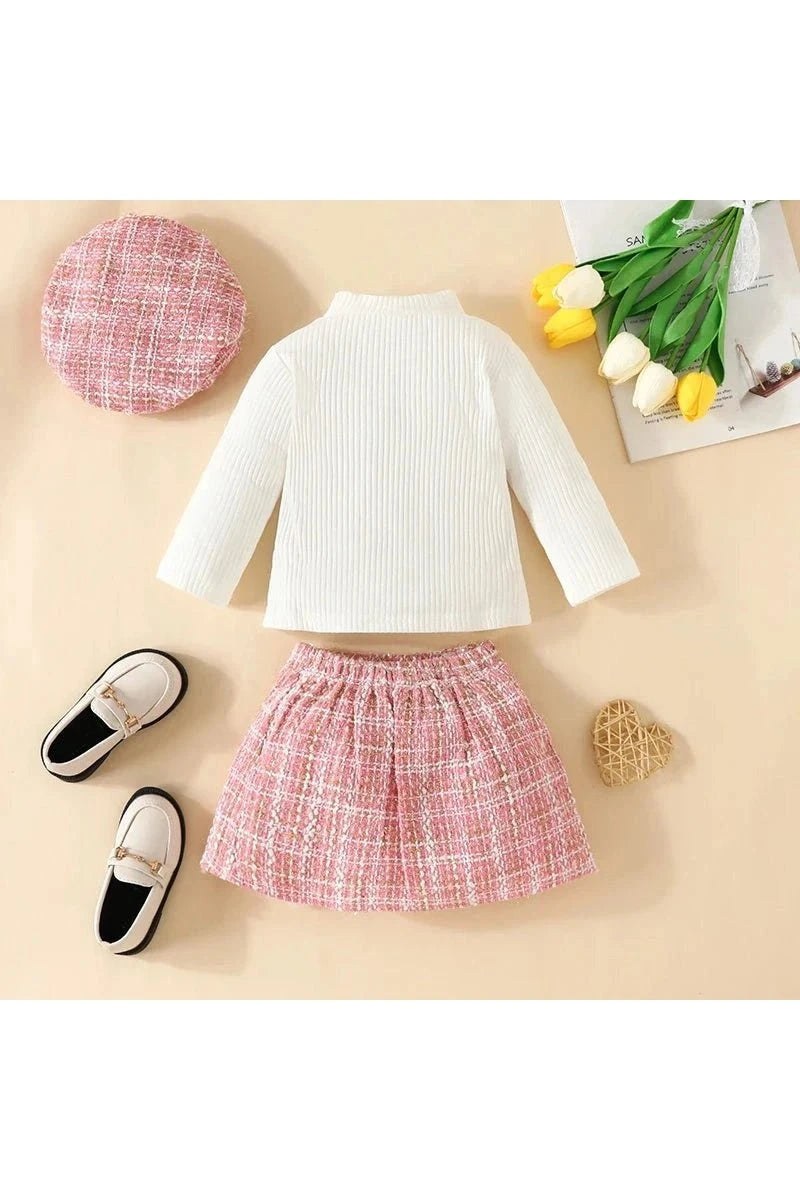 Giggles And Grab 3 PC Outfit for baby girls Shop 3-Piece Baby Girl Outfit | Turtleneck Long Sleeve Top, Plaid Skirt & Hat Set for Stylish Comfort (6M-3Y)"