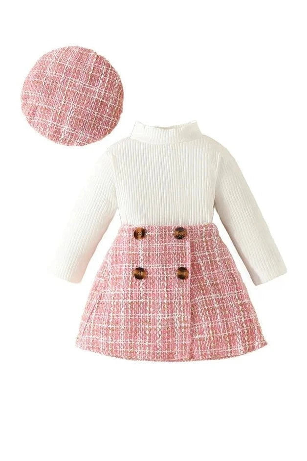 Giggles And Grab 3 PC Outfit for baby girls Shop 3-Piece Baby Girl Outfit | Turtleneck Long Sleeve Top, Plaid Skirt & Hat Set for Stylish Comfort (6M-3Y)"