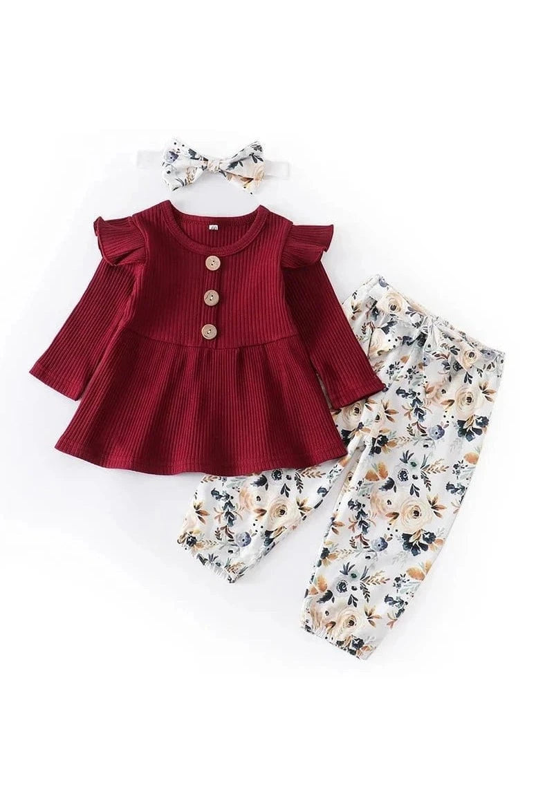 Giggles And Grab "3-Piece Baby Girl Clothing Set - Long Sleeve Top, Floral Pants, and Headband (0-24M)" CRIMSON / 12M Shop 3-Piece Baby Girl Clothing Set Stylish, Comfortable & Adorable Outfits for Your Little Oneand Headband (0-24M)"