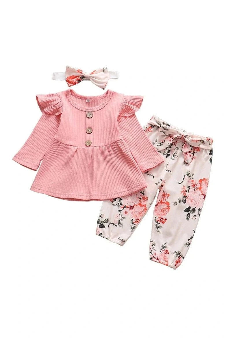 Giggles And Grab "3-Piece Baby Girl Clothing Set - Long Sleeve Top, Floral Pants, and Headband (0-24M)" Deep Pink / 18M Shop 3-Piece Baby Girl Clothing Set Stylish, Comfortable & Adorable Outfits for Your Little Oneand Headband (0-24M)"