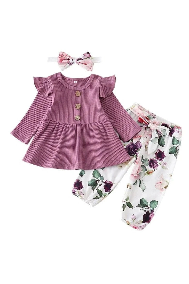 Giggles And Grab "3-Piece Baby Girl Clothing Set - Long Sleeve Top, Floral Pants, and Headband (0-24M)" forest green / 6M Shop 3-Piece Baby Girl Clothing Set Stylish, Comfortable & Adorable Outfits for Your Little Oneand Headband (0-24M)"