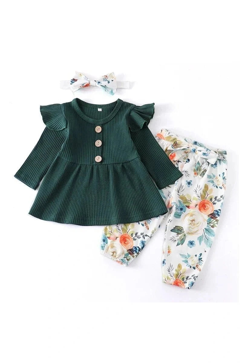 Giggles And Grab "3-Piece Baby Girl Clothing Set - Long Sleeve Top, Floral Pants, and Headband (0-24M)" indigo / 6M Shop 3-Piece Baby Girl Clothing Set Stylish, Comfortable & Adorable Outfits for Your Little Oneand Headband (0-24M)"