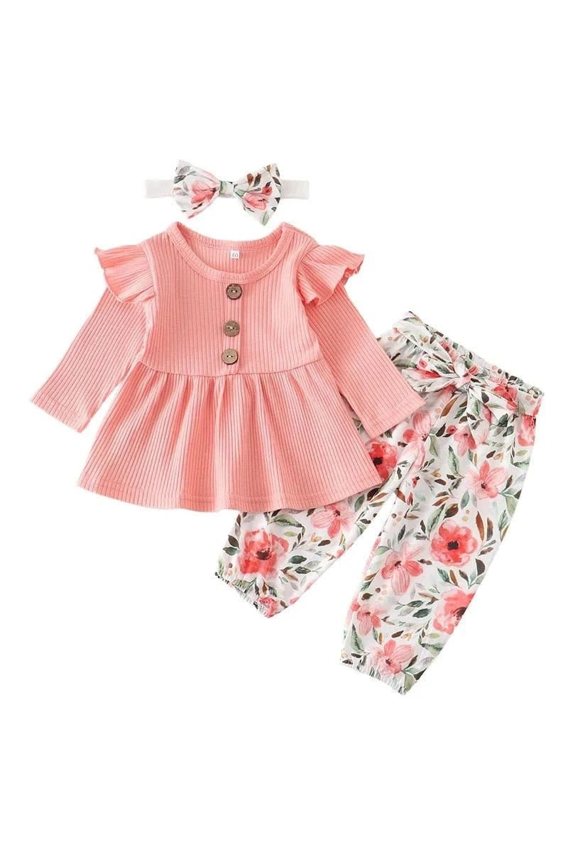 Giggles And Grab "3-Piece Baby Girl Clothing Set - Long Sleeve Top, Floral Pants, and Headband (0-24M)" NAVY / 6M Shop 3-Piece Baby Girl Clothing Set Stylish, Comfortable & Adorable Outfits for Your Little Oneand Headband (0-24M)"