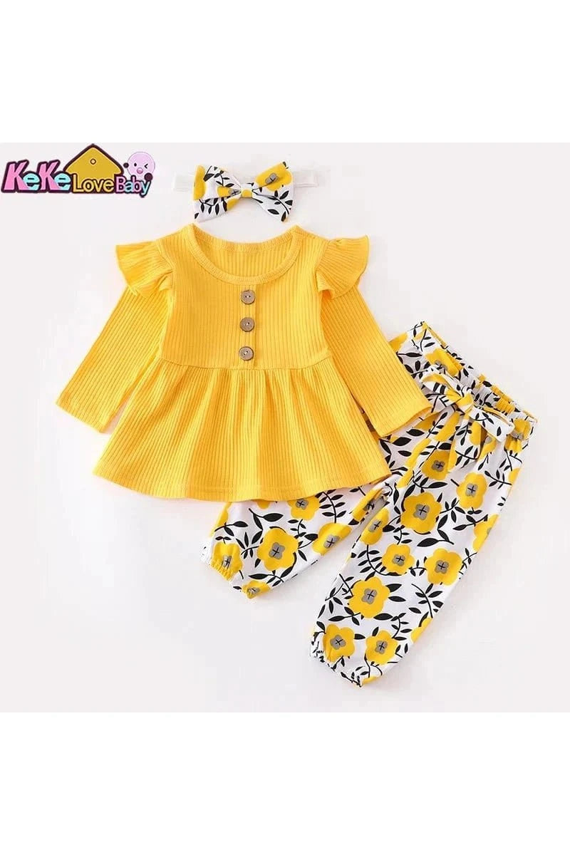Giggles And Grab "3-Piece Baby Girl Clothing Set - Long Sleeve Top, Floral Pants, and Headband (0-24M)" Shop 3-Piece Baby Girl Clothing Set Stylish, Comfortable & Adorable Outfits for Your Little Oneand Headband (0-24M)"