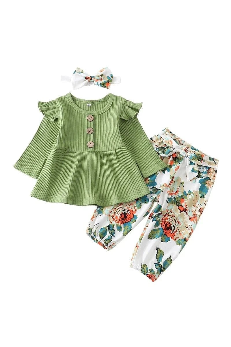 Giggles And Grab "3-Piece Baby Girl Clothing Set - Long Sleeve Top, Floral Pants, and Headband (0-24M)" Turquoise / 6M Shop 3-Piece Baby Girl Clothing Set Stylish, Comfortable & Adorable Outfits for Your Little Oneand Headband (0-24M)"