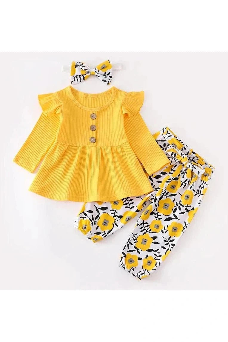 Giggles And Grab "3-Piece Baby Girl Clothing Set - Long Sleeve Top, Floral Pants, and Headband (0-24M)" yellow / 18M Shop 3-Piece Baby Girl Clothing Set Stylish, Comfortable & Adorable Outfits for Your Little Oneand Headband (0-24M)"