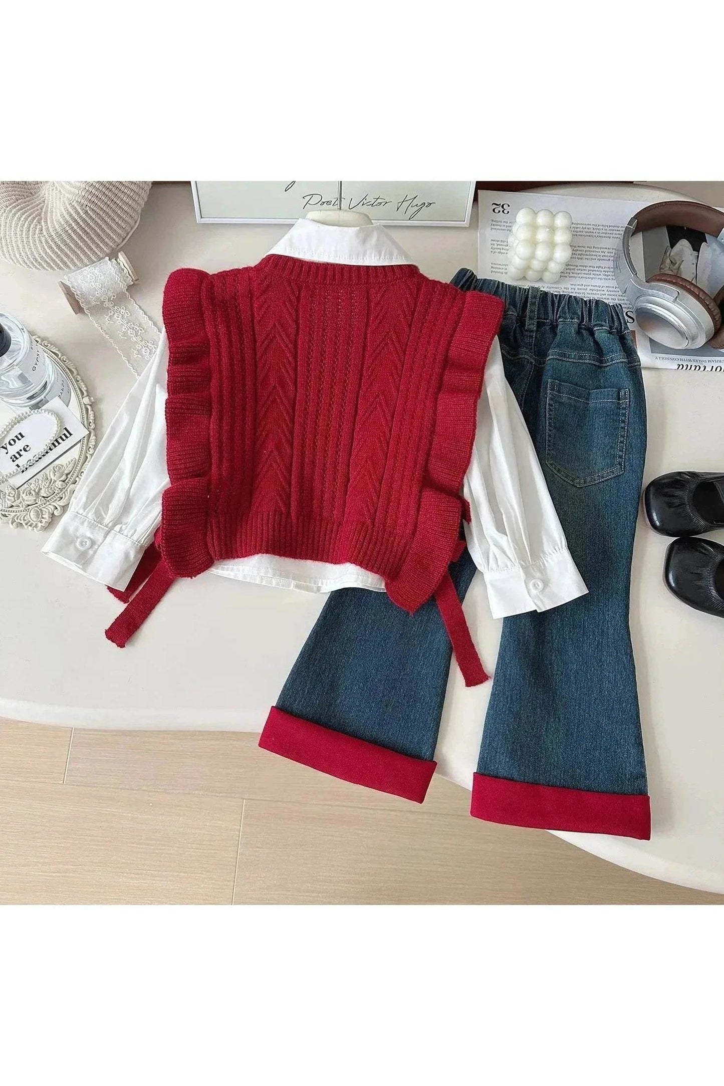 Spring & Autumn Toddler Girls 3-Piece Clothes Set – Sweater Vest, Shirt, and Jeans Outfit (2-7 Years) - Giggles And Grab