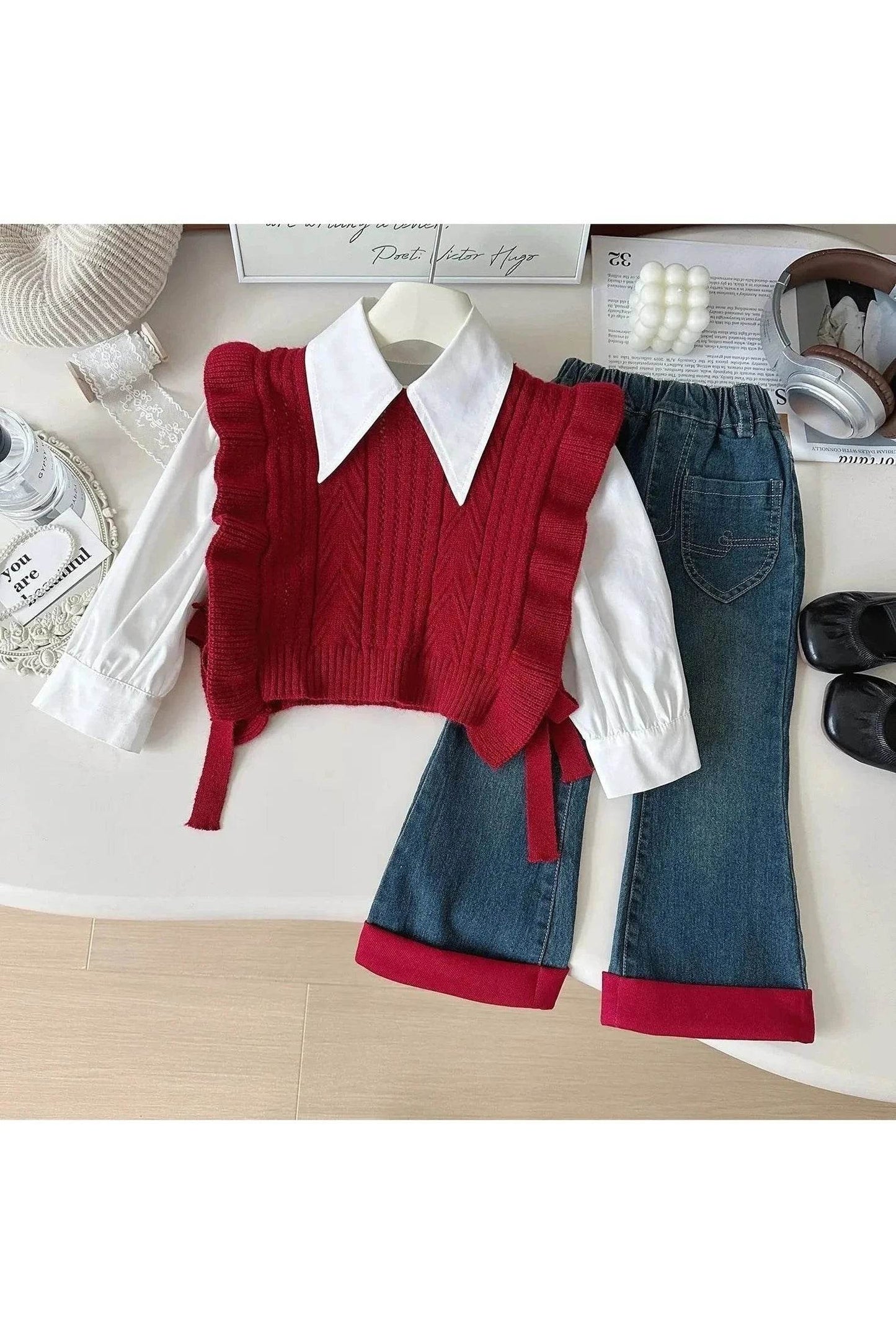 Spring & Autumn Toddler Girls 3-Piece Clothes Set – Sweater Vest, Shirt, and Jeans Outfit (2-7 Years) - Giggles And Grab
