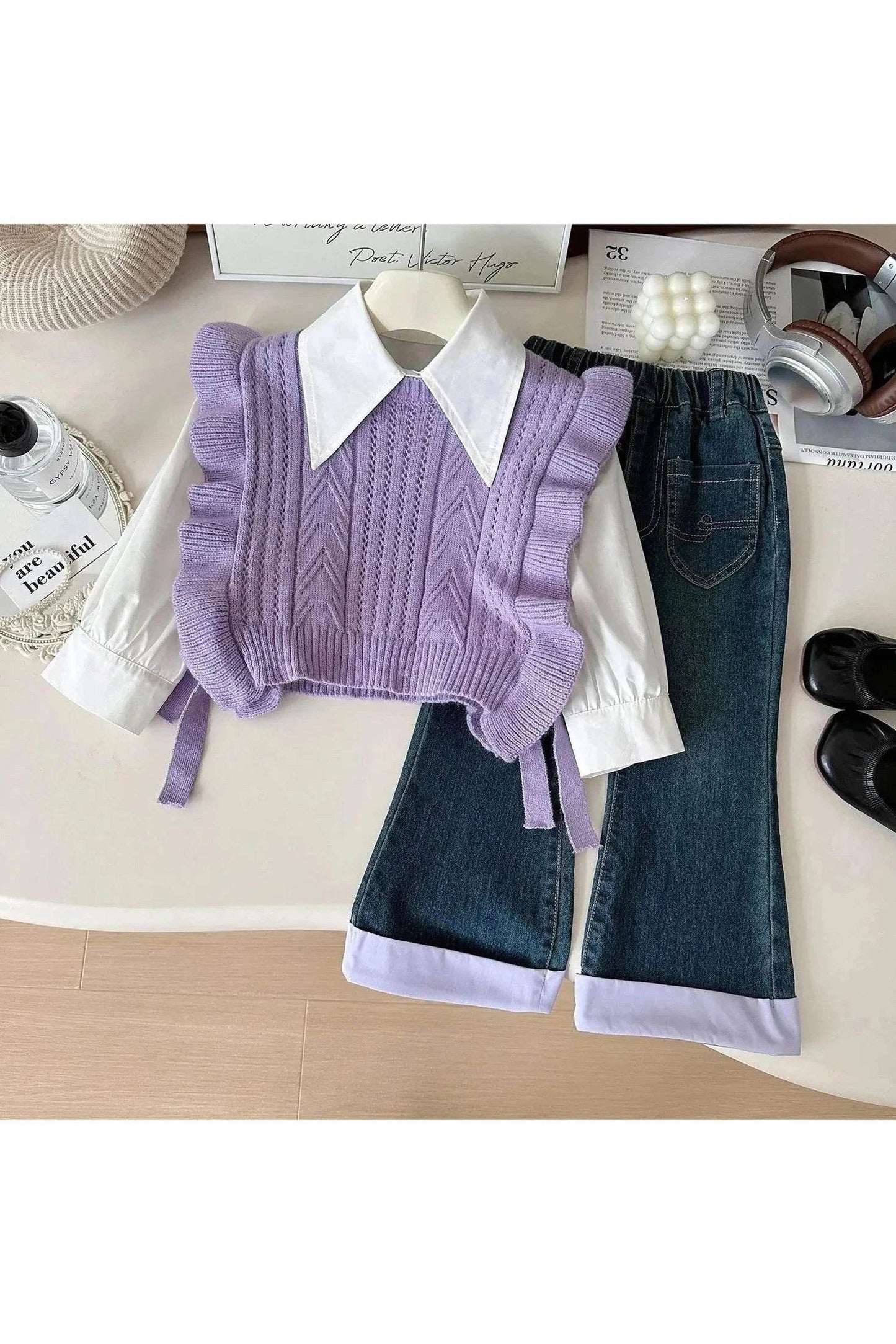 Spring & Autumn Toddler Girls 3-Piece Clothes Set – Sweater Vest, Shirt, and Jeans Outfit (2-7 Years) - Giggles And Grab