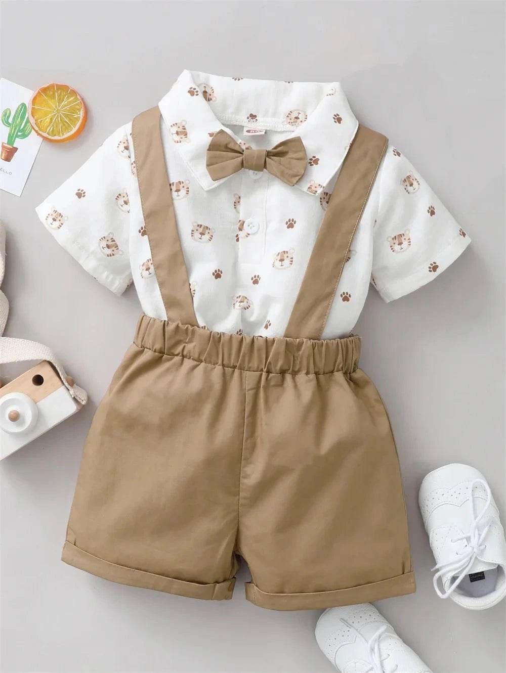 2PCS Infant Boy Clothes Set Tiger Print Short Sleeve with Bow + Strap Shorts Casual Party Birthday Suit for Toddler Boy 0-2 Years - Giggles And Grab