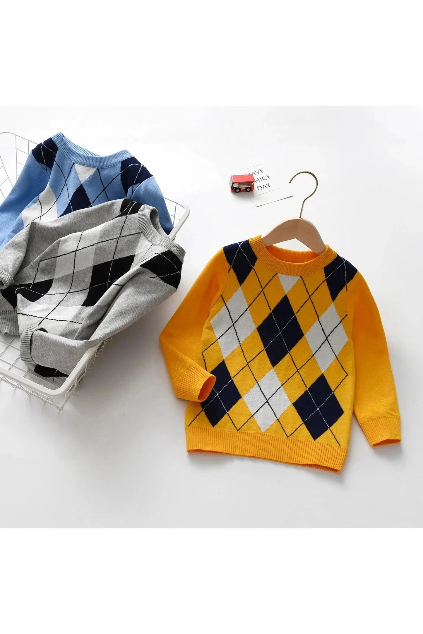 Giggles And Grab "Autumn/Winter Boy's Warm Plaid Knit Sweater - Long Sleeve College Style" "Autumn/Winter Boy's Warm Plaid Knit Sweater - Long Sleeve College Style"