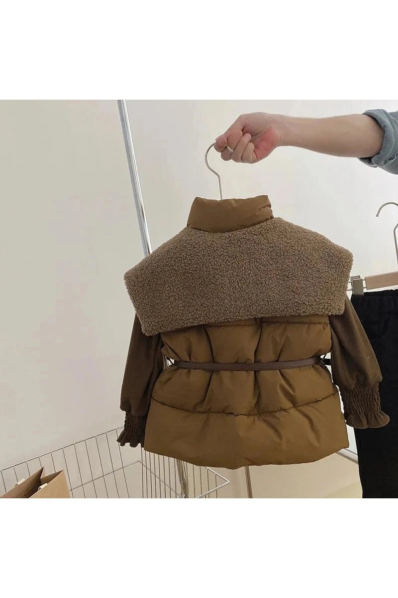 Giggles And Grab Autumn Winter Children Girls 3PCS 3-Piece Autumn/Winter Girls' Outfit Set - Cotton Flared Pants, Undershirt, Patched Vest & Parka"
