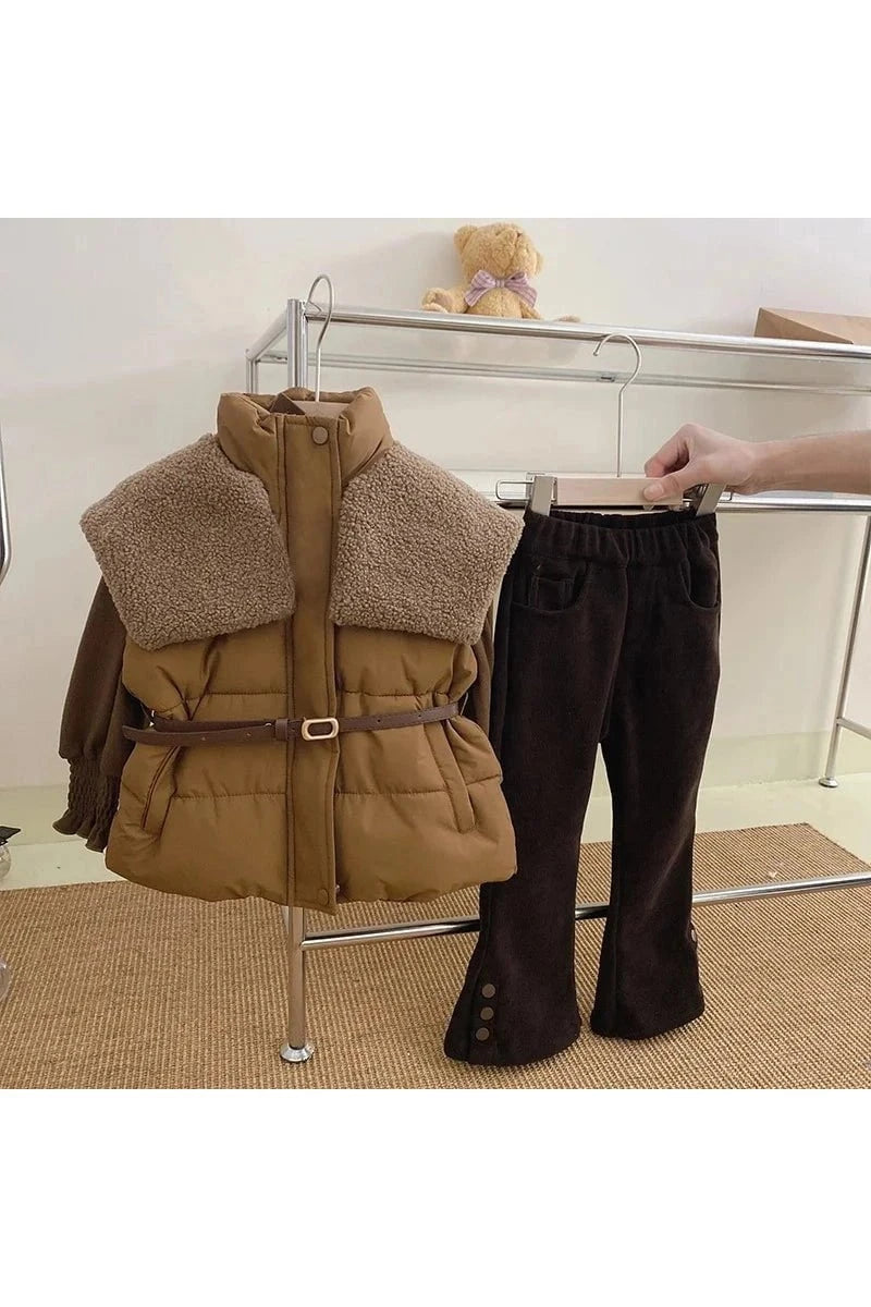 Giggles And Grab Autumn Winter Children Girls 3PCS 3-Piece Autumn/Winter Girls' Outfit Set - Cotton Flared Pants, Undershirt, Patched Vest & Parka"