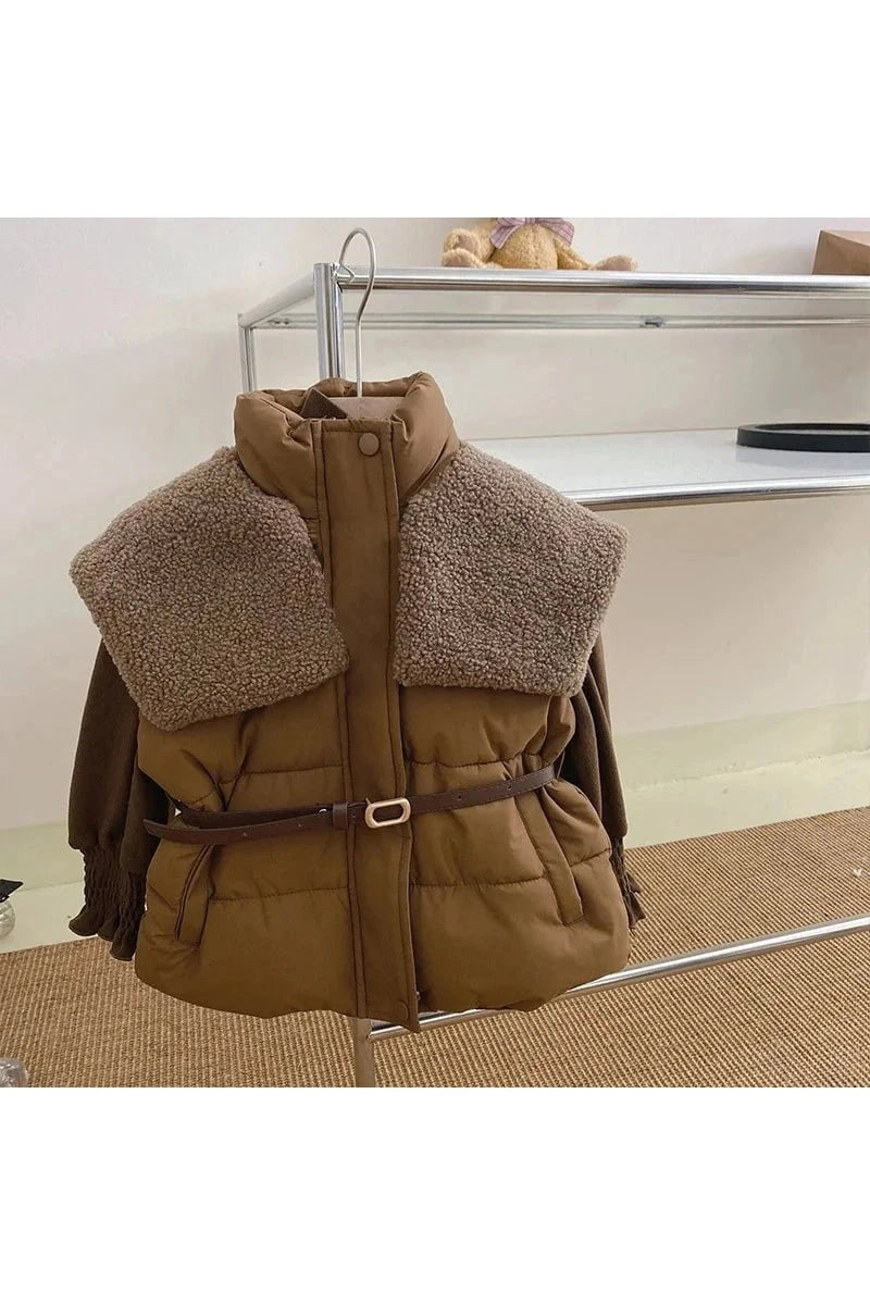 Giggles And Grab Autumn Winter Children Girls 3PCS 3-Piece Autumn/Winter Girls' Outfit Set - Cotton Flared Pants, Undershirt, Patched Vest & Parka"