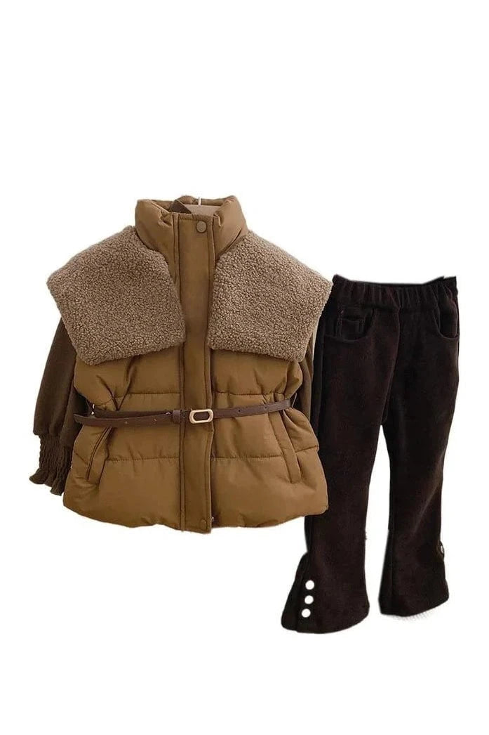 Giggles And Grab Autumn Winter Children Girls 3PCS 3-Piece Autumn/Winter Girls' Outfit Set - Cotton Flared Pants, Undershirt, Patched Vest & Parka"