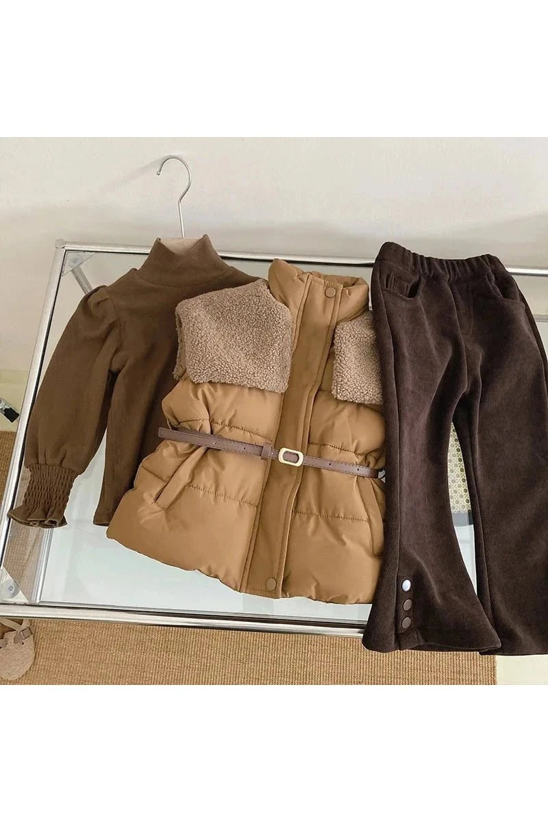 Giggles And Grab Autumn Winter Children Girls 3PCS 3PCS / 2-3Y 100 3-Piece Autumn/Winter Girls' Outfit Set - Cotton Flared Pants, Undershirt, Patched Vest & Parka"