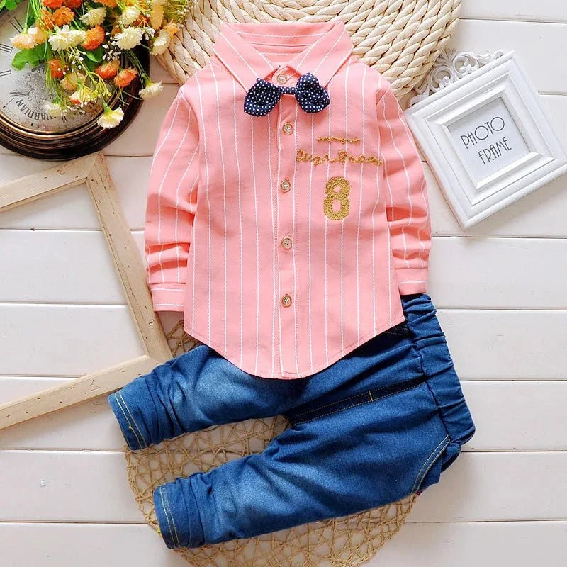 Giggles And Grab Baby boy fashion Kids Boys Clothes Baby Casual Bow Tie Shirt + Pants 2pcs Sets Summer Infant Denim Outfits Children Suits Toddler Clothing BC1219"