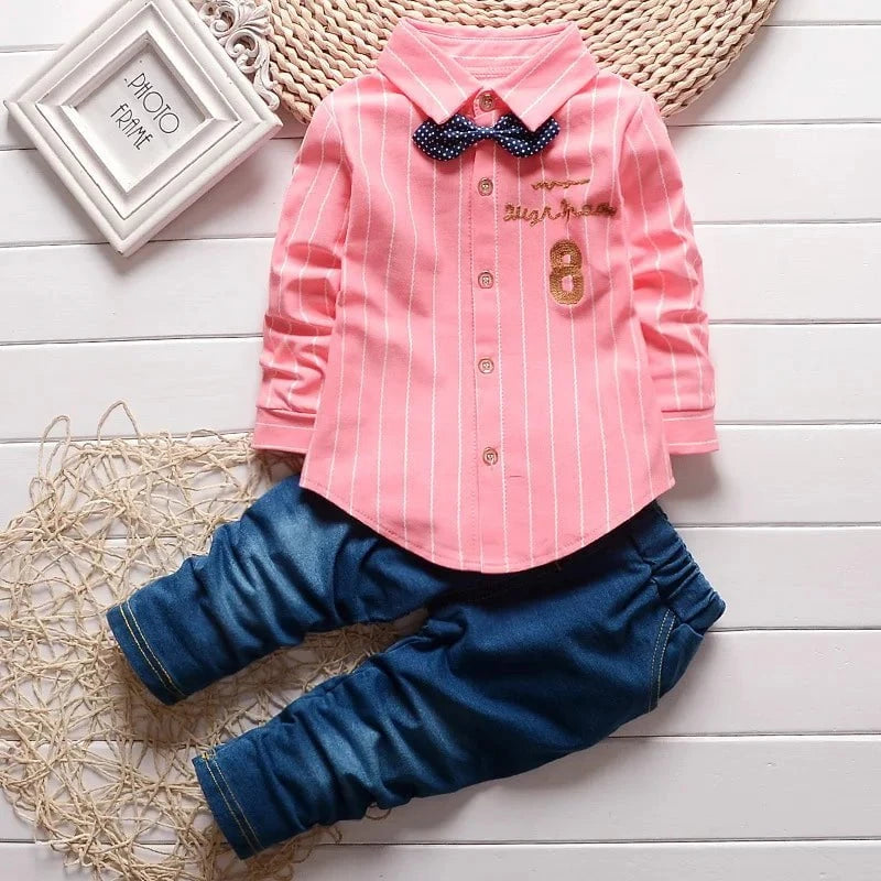 Giggles And Grab Baby boy fashion Kids Boys Clothes Baby Casual Bow Tie Shirt + Pants 2pcs Sets Summer Infant Denim Outfits Children Suits Toddler Clothing BC1219"